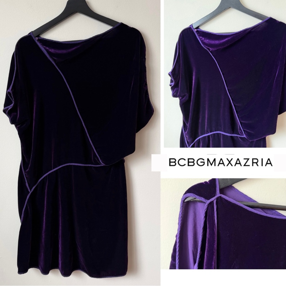 BCBGMaxAzria Dark Plum Velvet Asymmetrical Cocktail Midi Draped Dress Size M